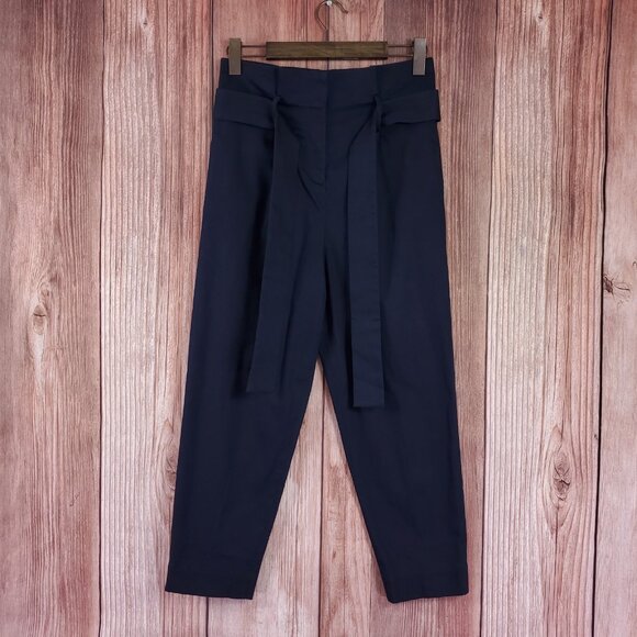 COS Womens Size 4 High Waist Belted Cropped Tapered Pants Navy Blue Minimalist - Picture 1 of 12